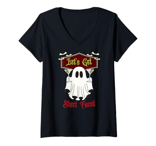 Damen Let's Get Sheet Faced Cocktail Ghost Spooky Trinking Lustig T-Shirt mit V-Ausschnitt Damen Let's Get Sheet Faced Cocktail Ghost Spooky Trinking Lustig T-Shirt mit V-Ausschnitt von Mestiza Rebel Art
