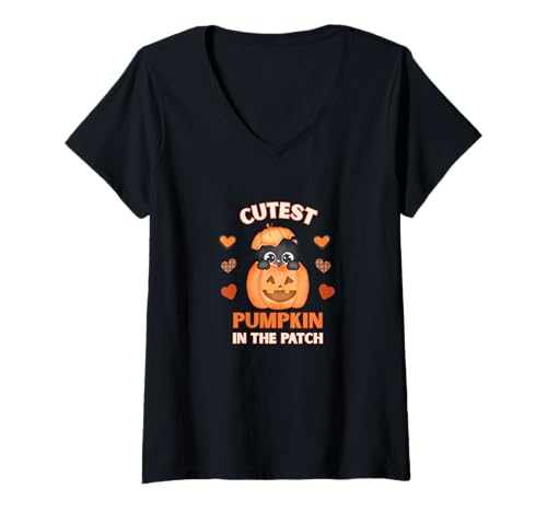 Damen Niedlicher Kürbis im Patch Katze Jack-O-Lantern Herbstspaß T-Shirt mit V-Ausschnitt Damen Niedlicher Kürbis im Patch Katze Jack-O-Lantern Herbstspaß T-Shirt mit V-Ausschnitt von Mestiza Rebel Art