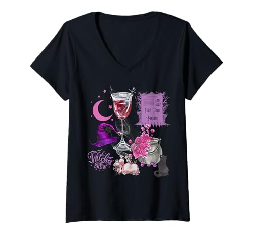 Damen Wählen Sie Ihren Poison Witches Brew Cocktail Cauldon Black Cat T-Shirt mit V-Ausschnitt Damen Wählen Sie Ihren Poison Witches Brew Cocktail Cauldon Black Cat T-Shirt mit V-Ausschnitt von Mestiza Rebel Art