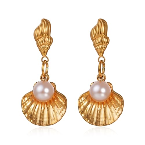 18 Karat vergoldete Muschel-Ohrringe für Frauen, Boho-Strandmuschel-Tropfenohrring, hypoallergener Edelstahl, Conch-Ohrring mit glänzender Perle, Geschenke für Mutter und Freunde, Large, Edelstahl 18 Karat vergoldete Muschel-Ohrringe für Frauen, Boho-Strandmuschel-Tropfenohrring, hypoallergener Edelstahl, Conch-Ohrring mit glänzender Perle, Geschenke für Mutter und Freunde, Large, Edelstahl von Mestylish