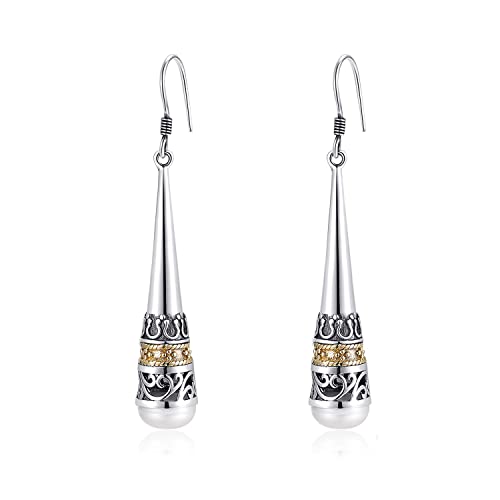 MetJakt Damen Ohrringe 925 Sterling Silber Hängend mit Perlen Vintage Antik Stil Tropfen Perlmutt Naturstein Perlen Lang Earrings für Frauen (Perlen) von MetJakt