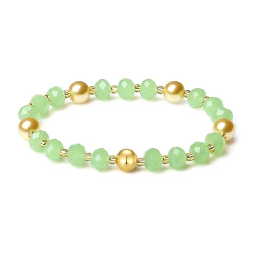 MetJakt Handgemachter Damen Armband Stretch Stretcharmband 8MM Kristalle 18k Vergoldet Original Schmuck Goldenes Tahiti Perlenarmband Kristall 8mm Süßwasserperlen Damenschmuck (Grünes Jade) von MetJakt