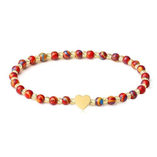 MetJakt Handgemachter Naturstein Perlenarmband 4MM Mini Stretch Armband Energiearmbänder 18k vergoldet Herz Armbänder für Damen Damenschmuck Echtes (Rot Blauer Malachit) von MetJakt
