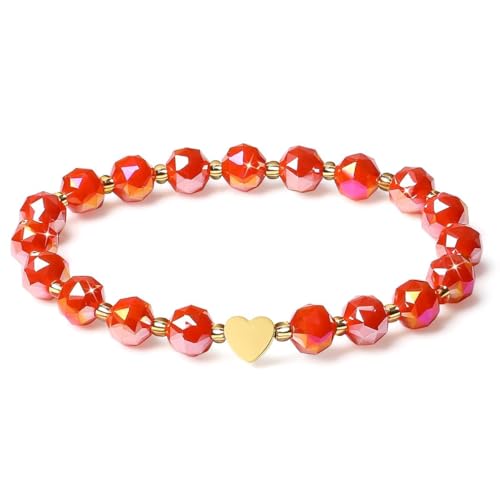 MetJakt 8MM Kristalle Handgemachter Original Armband Damen Perlenarmband Damenschmuck Schmuckarmband Glitzer Kristalle 18k vergoldet Herz für Damen (Wassermelonen Porzellan Kristall) von MetJakt