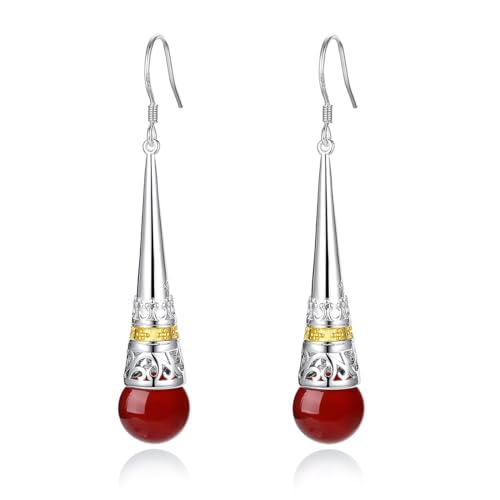 MetJakt Damen Ohrringe 925 Sterling Silber Hängend mit Perlen Vintage Antik Stil Tropfen Perlmutt Naturstein Perlen Lang Earrings für Frauen (Korund) von MetJakt