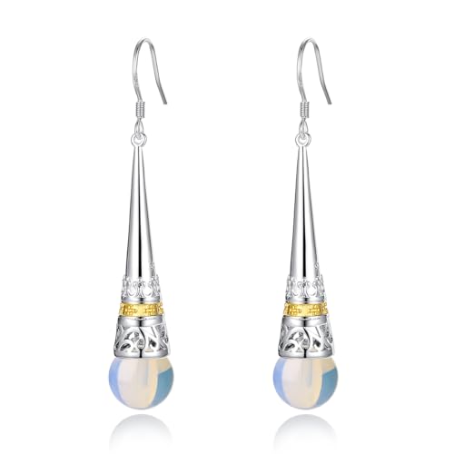 MetJakt Damen Ohrringe 925 Sterling Silber Hängend mit Perlen Vintage Antik Stil Tropfen Perlmutt Naturstein Perlen Lang Earrings für Frauen (Mondstein) von MetJakt