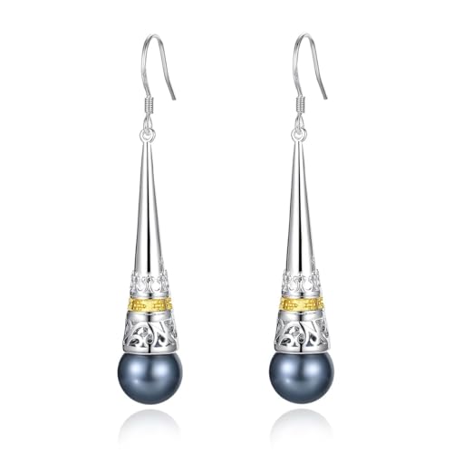 MetJakt Damen Ohrringe 925 Sterling Silber Hängend mit Perlen Vintage Antik Stil Tropfen Perlmutt Naturstein Perlen Lang Earrings für Frauen (Tahiti perlen) von MetJakt