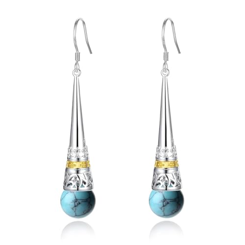 MetJakt Damen Ohrringe 925 Sterling Silber Hängend mit Perlen Vintage Antik Stil Tropfen Perlmutt Naturstein Perlen Lang Earrings für Frauen (Türkis) von MetJakt