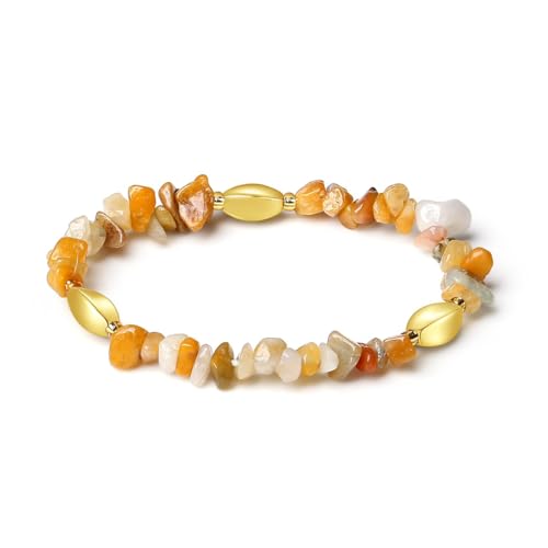 MetJakt Damenschmuck Handgemachter Original Perlenarmband Stretch Stretcharmband Echtes Naturstein Splitterarmband Metallakzenten Heilsteine Heilung Kristalle Armband (Goldseidenjade) von MetJakt