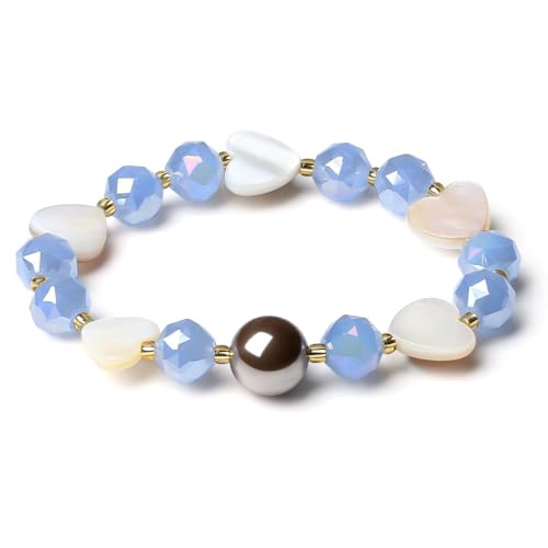 MetJakt Handgemacht Stretch Stretcharmband 10MM Kristalle Bunt Herz Schmuck 12MM Tahiti Perlen kernperle Glitzer Kristall Herzarmband 18k Vergoldet Damenschmuck (Hellcyan Jade Kristall) von MetJakt