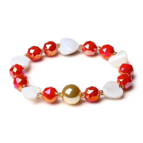 MetJakt Handgemacht Stretch Stretcharmband 10MM Kristalle Bunt Herz Schmuck 12MM Tahiti Perlen kernperle Glitzer Kristall Herzarmband 18k Vergoldet Damenschmuck (Wassermelonenrot Kristall) von MetJakt