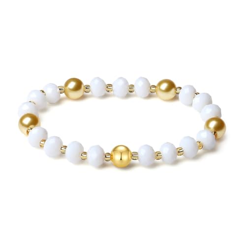 MetJakt Handgemachter Damen Armband Stretch Stretcharmband 8MM Kristalle 18k Vergoldet Original Schmuck Goldenes Tahiti Perlenarmband Kristall 8mm Süßwasserperlen Damenschmuck (Porzellanweiß) von MetJakt