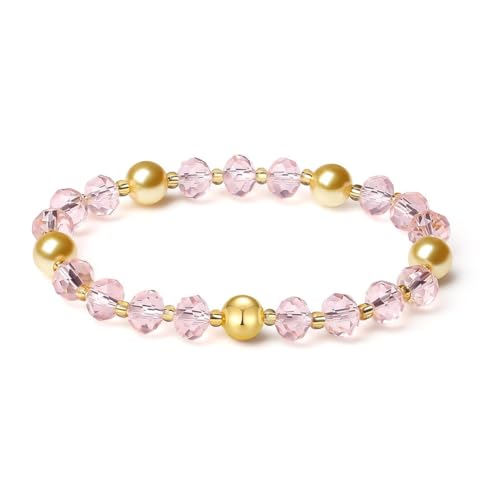 MetJakt Handgemachter Damen Armband Stretch Stretcharmband 8MM Kristalle 18k Vergoldet Original Schmuck Goldenes Tahiti Perlenarmband Kristall 8mm Süßwasserperlen Damenschmuck (Rosa) von MetJakt
