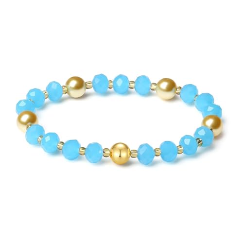 MetJakt Handgemachter Damen Armband Stretch Stretcharmband 8MM Kristalle 18k Vergoldet Original Schmuck Goldenes Tahiti Perlenarmband Kristall 8mm Süßwasserperlen Damenschmuck (Seeblau Jade) von MetJakt