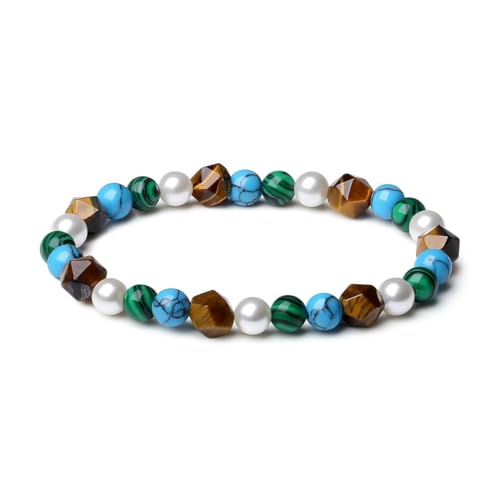 MetJakt Handgemachter Damen Stretch Armband Stretcharmband Naturstein Edelstein 8MM Muschelkernperle Malachit Türkis Schmuck Facettiert Echtes Halbedelsteine Damenschmuck (Gelbes Tigerauge) von MetJakt