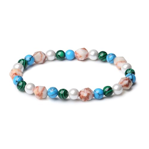 MetJakt Handgemachter Damen Stretch Armband Stretcharmband Naturstein Edelstein 8MM Muschelkernperle Malachit Türkis Schmuck Facettiert Echtes Halbedelsteine Damenschmuck (Roter Netzjaspis) von MetJakt
