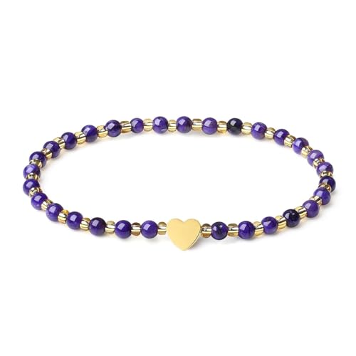 MetJakt Handgemachter Naturstein Perlenarmband 4MM Mini Stretch Armband Energiearmbänder 18k vergoldet Herz Armbänder für Damen Damenschmuck Echtes (Gefärbtes Charoit) von MetJakt