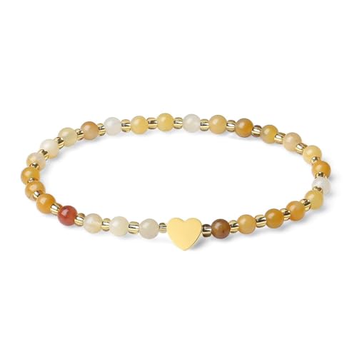 MetJakt Handgemachter Naturstein Perlenarmband 4MM Mini Stretch Armband Energiearmbänder 18k vergoldet Herz Armbänder für Damen Damenschmuck Echtes (Gelber Aventurin) von MetJakt