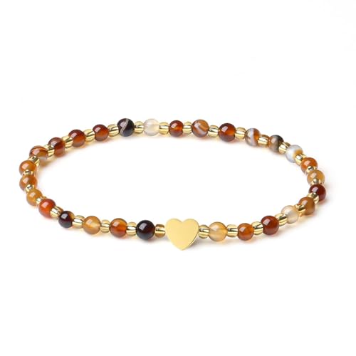 MetJakt Handgemachter Naturstein Perlenarmband 4MM Mini Stretch Armband Energiearmbänder 18k vergoldet Herz Armbänder für Damen Damenschmuck Echtes (Kaffee Streifen Achat) von MetJakt