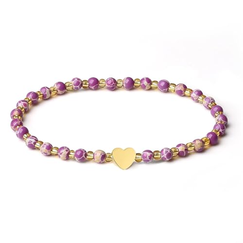 MetJakt Handgemachter Naturstein Perlenarmband 4MM Mini Stretch Armband Energiearmbänder 18k vergoldet Herz Armbänder für Damen Damenschmuck Echtes (Lila Meeresablagerungs-Jaspis) von MetJakt