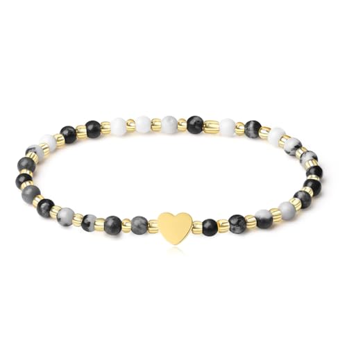 MetJakt Handgemachter Naturstein Perlenarmband 4MM Mini Stretch Armband Energiearmbänder 18k vergoldet Herz Armbänder für Damen Damenschmuck Echtes (Schwarz Weißer Zebra Jaspis) von MetJakt