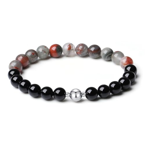 MetJakt Handgemachter Original 8MM Naturstein Onyx Armband Perlen Herren Stretch Stretcharmband Heilung Kristalle Schwarz 18K Platin Kugelarmband (Afrikanische Blutsteine) von MetJakt
