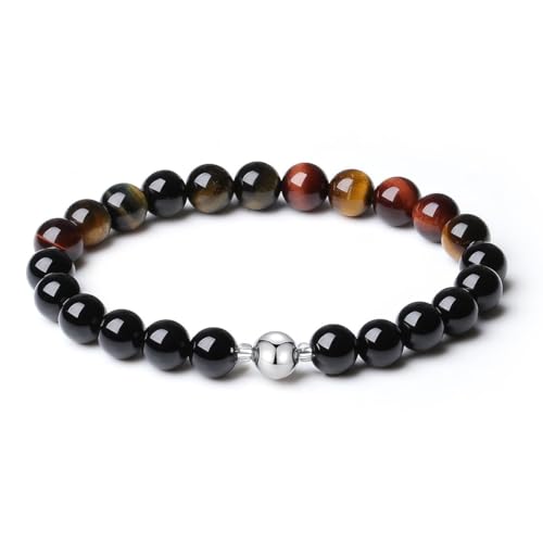 MetJakt Handgemachter Original 8MM Naturstein Onyx Armband Perlen Herren Stretch Stretcharmband Heilung Kristalle Schwarz 18K Platin Kugelarmband (Buntes Tigerauge) von MetJakt