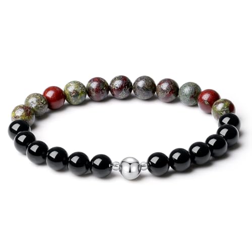 MetJakt Handgemachter Original 8MM Naturstein Onyx Armband Perlen Herren Stretch Stretcharmband Heilung Kristalle Schwarz 18K Platin Kugelarmband (Drachenblutsteine) von MetJakt