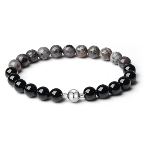 MetJakt Handgemachter Original 8MM Naturstein Onyx Armband Perlen Herren Stretch Stretcharmband Heilung Kristalle Schwarz 18K Platin Kugelarmband (Feuerjaspis) von MetJakt