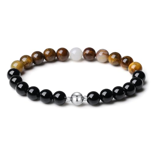 MetJakt Handgemachter Original 8MM Naturstein Onyx Armband Perlen Herren Stretch Stretcharmband Heilung Kristalle Schwarz 18K Platin Kugelarmband (Gold-Pietersit) von MetJakt