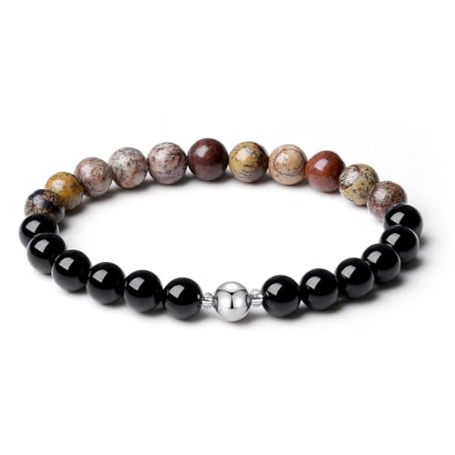 MetJakt Handgemachter Original 8MM Naturstein Onyx Armband Perlen Herren Stretch Stretcharmband Heilung Kristalle Schwarz 18K Platin Kugelarmband (Picasso Jaspis) von MetJakt