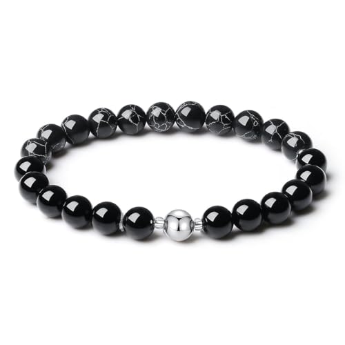 MetJakt Handgemachter Original 8MM Naturstein Onyx Armband Perlen Herren Stretch Stretcharmband Heilung Kristalle Schwarz 18K Platin Kugelarmband (Schwarzer Türkis) von MetJakt