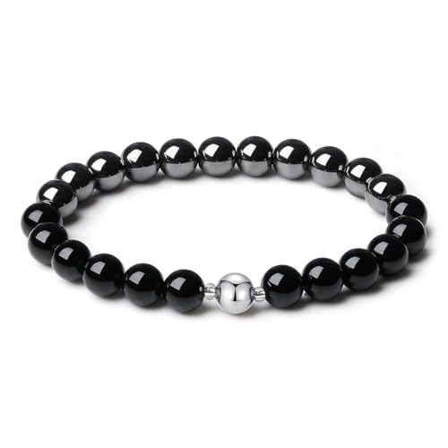 MetJakt Handgemachter Original 8MM Naturstein Onyx Armband Perlen Herren Stretch Stretcharmband Heilung Kristalle Schwarz 18K Platin Kugelarmband (Terahertz) von MetJakt