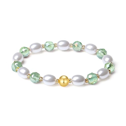 MetJakt Handgemachter Original Damen Armband Stretch Stretcharmband 8MM Kristalle Bunt Süßwasserperlen kernperle 18k Vergoldet Schmuck Kristall Armbänder für Damen (Fruchtgrün) von MetJakt