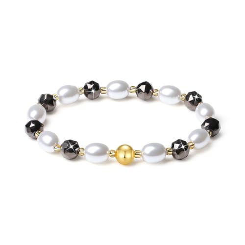 MetJakt Handgemachter Original Damen Armband Stretch Stretcharmband 8MM Kristalle Bunt Süßwasserperlen kernperle 18k Vergoldet Schmuck Kristall Armbänder für Damen (Gunmetal Schwarz) von MetJakt