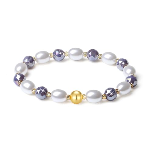 MetJakt Handgemachter Original Damen Armband Stretch Stretcharmband 8MM Kristalle Bunt Süßwasserperlen kernperle 18k Vergoldet Schmuck Kristall Armbänder für Damen (Lila Porzellan) von MetJakt