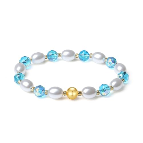 MetJakt Handgemachter Original Damen Armband Stretch Stretcharmband 8MM Kristalle Bunt Süßwasserperlen kernperle 18k Vergoldet Schmuck Kristall Armbänder für Damen (Pfauenblau) von MetJakt