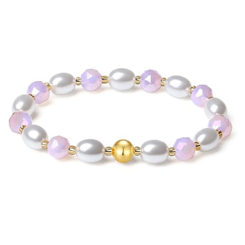 MetJakt Handgemachter Original Damen Armband Stretch Stretcharmband 8MM Kristalle Bunt Süßwasserperlen kernperle 18k Vergoldet Schmuck Kristall Armbänder für Damen (Rosa Porzellan) von MetJakt