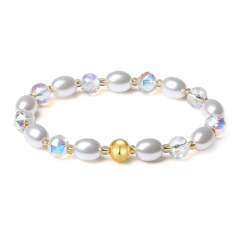 MetJakt Handgemachter Original Damen Armband Stretch Stretcharmband 8MM Kristalle Bunt Süßwasserperlen kernperle 18k Vergoldet Schmuck Kristall Armbänder für Damen (Weiß) von MetJakt