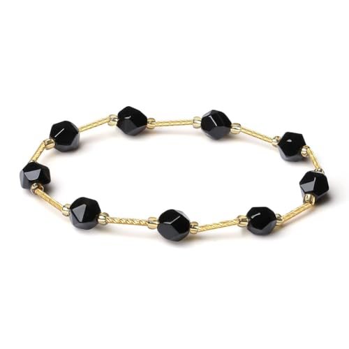 MetJakt Handgemachtes Buntes Naturstein Kristall Muschel Wickelarmband Damen Stretcharmband 18k Vergoldet Perlen Edelstein Facettiert Golden Mallorca Schmuck (1 Wickel-Schwarzer Achat) von MetJakt