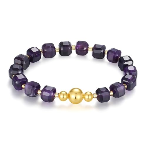 MetJakt Handgemachtes Stretch Armband Echtes 8MM Naturstein Würfel Design 18k Vergoldet Kugel für Damen und Herren Edelstein Perlenarmband (Amethyst -Vergoldet) von MetJakt