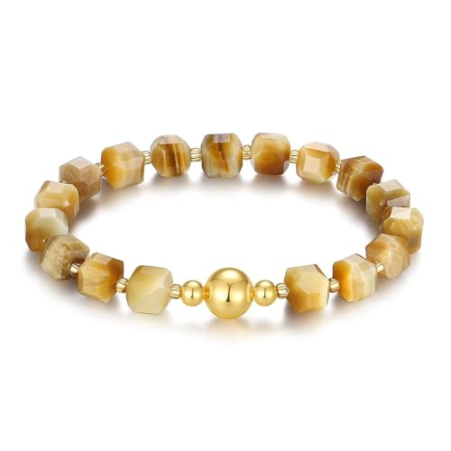 MetJakt Handgemachtes Stretch Armband Echtes 8MM Naturstein Würfel Design 18k Vergoldet Kugel für Damen und Herren Edelstein Perlenarmband (Goldenes Tigerauge -Vergoldet) von MetJakt