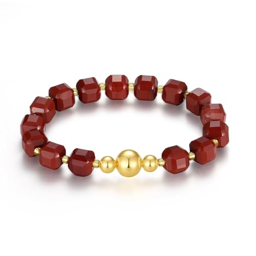 MetJakt Handgemachtes Stretch Armband Echtes 8MM Naturstein Würfel Design 18k Vergoldet Kugel für Damen und Herren Edelstein Perlenarmband (Roter Jaspis -Vergoldet) von MetJakt