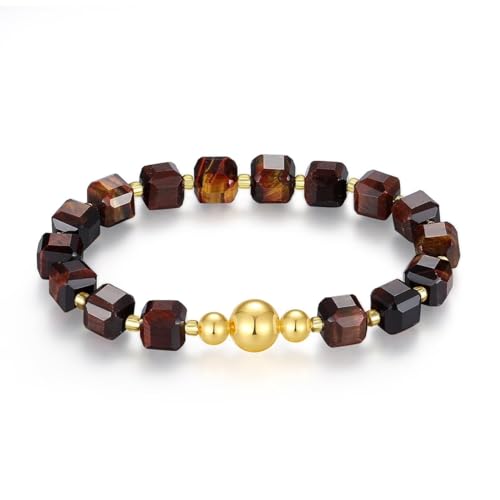 MetJakt Handgemachtes Stretch Armband Echtes 8MM Naturstein Würfel Design 18k Vergoldet Kugel für Damen und Herren Edelstein Perlenarmband (Rotes Tigerauge -Vergoldet) von MetJakt