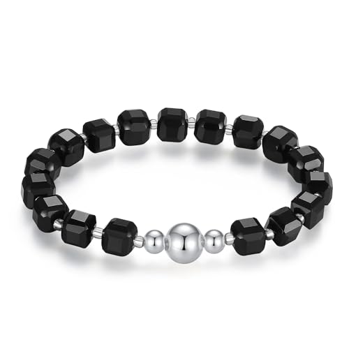 MetJakt Handgemachtes Stretch Armband Echtes 8MM Naturstein Würfel Design 18k Vergoldet Kugel für Damen und Herren Edelstein Perlenarmband (Schwarzer Achat -Silber) von MetJakt