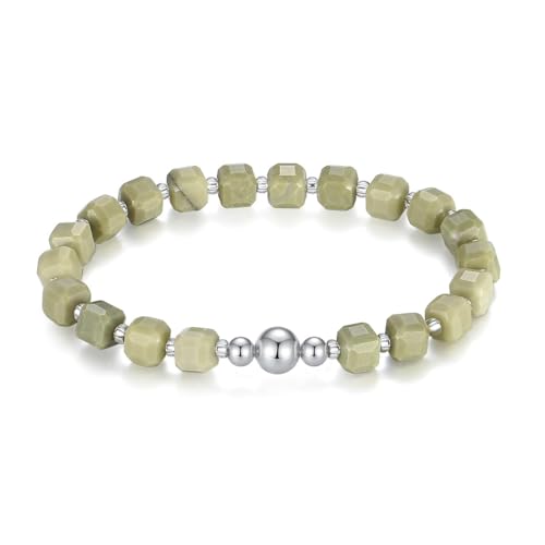 MetJakt Handgemachtes Stretch Armband mit 6MM Echtes Naturstein Würfel Design und 18k Vergoldete Kugel Edelstein Perlenarmband für Damen und Herren (Avocado-Jaspis -Silber) von MetJakt