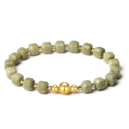 MetJakt Handgemachtes Stretch Armband mit 6MM Echtes Naturstein Würfel Design und 18k Vergoldete Kugel Edelstein Perlenarmband für Damen und Herren (Avocado-Jaspis -Vergoldet) von MetJakt