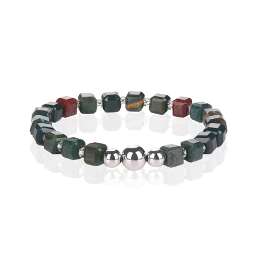 MetJakt Handgemachtes Stretch Armband mit 6MM Echtes Naturstein Würfel Design und 18k Vergoldete Kugel Edelstein Perlenarmband für Damen und Herren (Orientalischer Jaspis -Silber) von MetJakt