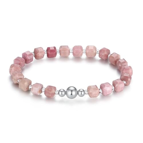 MetJakt Handgemachtes Stretch Armband mit 6MM Echtes Naturstein Würfel Design und 18k Vergoldete Kugel Edelstein Perlenarmband für Damen und Herren (Rhodochrosit -Silber) von MetJakt