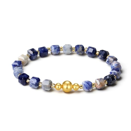 MetJakt Handgemachtes Stretch Armband mit 6MM Echtes Naturstein Würfel Design und 18k Vergoldete Kugel Edelstein Perlenarmband für Damen und Herren (Sodalith -Vergoldet) von MetJakt